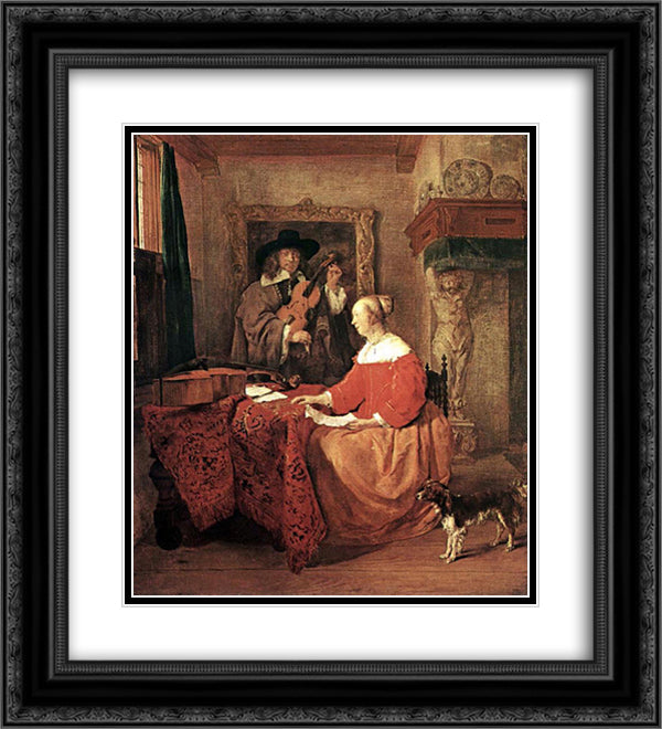 A Woman Seated at a Table and a Man Tuning a Violin 20x22 Black Ornate Wood Framed Art Print Poster with Double Matting by Metsu, Gabriel