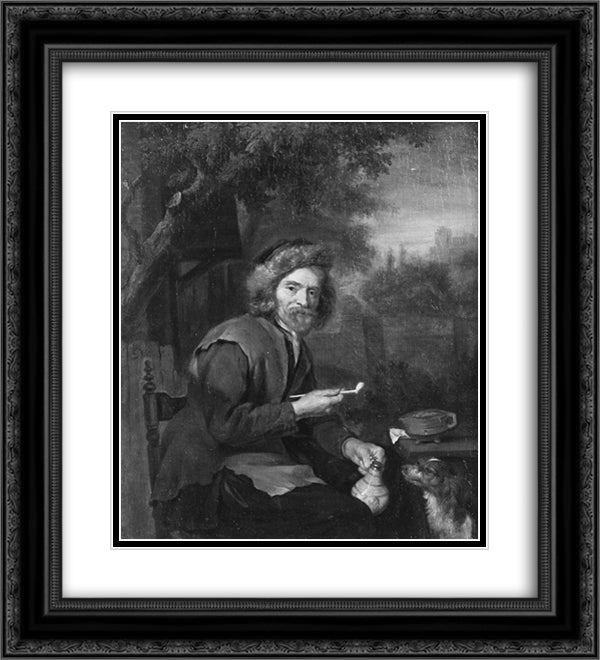 An Old Man Holding a Pipe and a jug 20x22 Black Ornate Wood Framed Art Print Poster with Double Matting by Metsu, Gabriel