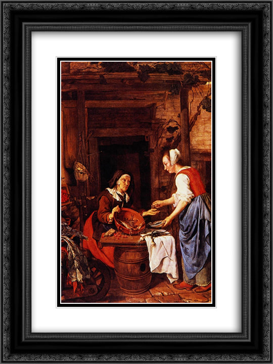 An Old Woman Selling Fish 18x24 Black Ornate Wood Framed Art Print Poster with Double Matting by Metsu, Gabriel