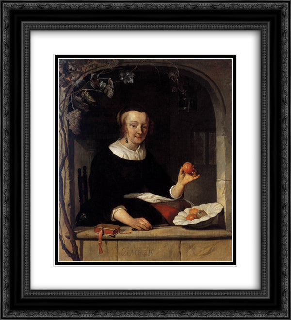 Lady Seated in a Window 20x22 Black Ornate Wood Framed Art Print Poster with Double Matting by Metsu, Gabriel