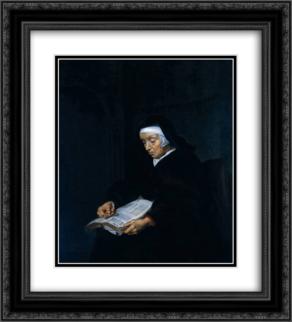 Old Woman Meditating 20x22 Black Ornate Wood Framed Art Print Poster with Double Matting by Metsu, Gabriel