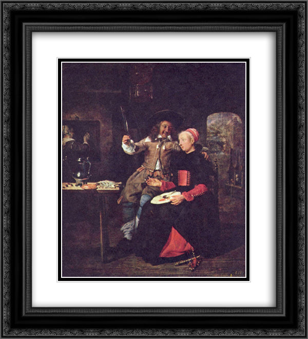 Portrait of the Artist with his Wife Isabella de Wolff in a Tavern 20x22 Black Ornate Wood Framed Art Print Poster with Double Matting by Metsu, Gabriel