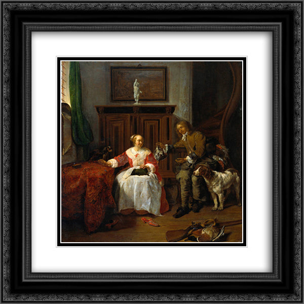 The Hunter's Present 20x20 Black Ornate Wood Framed Art Print Poster with Double Matting by Metsu, Gabriel