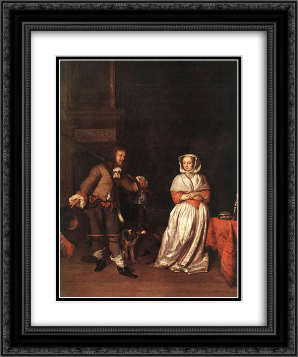 The Huntsman and the Lady 20x24 Black Ornate Wood Framed Art Print Poster with Double Matting by Metsu, Gabriel