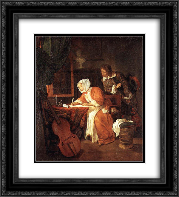 The Letter Writer Surprised 20x22 Black Ornate Wood Framed Art Print Poster with Double Matting by Metsu, Gabriel