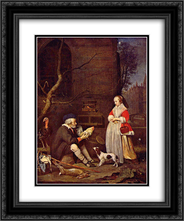 The Poultry Seller 20x24 Black Ornate Wood Framed Art Print Poster with Double Matting by Metsu, Gabriel