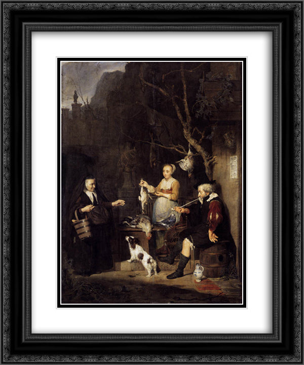 The Poultry Woman 20x24 Black Ornate Wood Framed Art Print Poster with Double Matting by Metsu, Gabriel