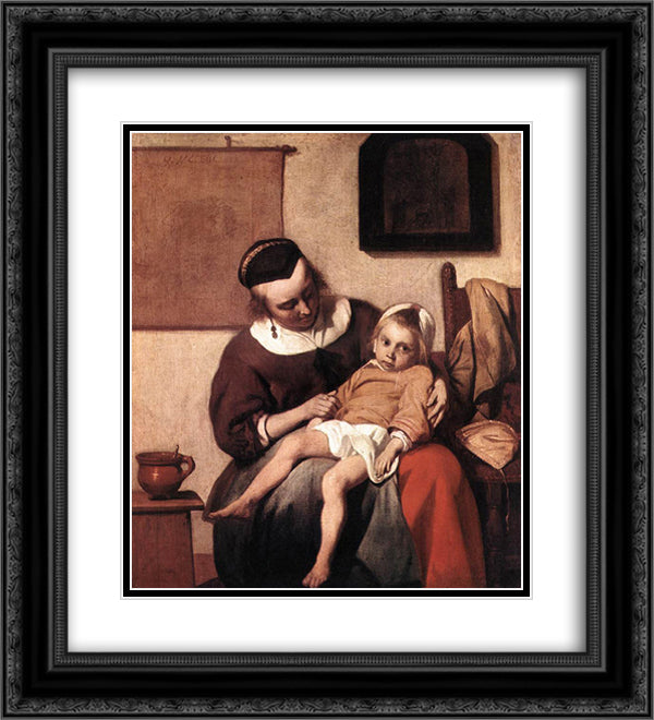 The Sick Child 20x22 Black Ornate Wood Framed Art Print Poster with Double Matting by Metsu, Gabriel