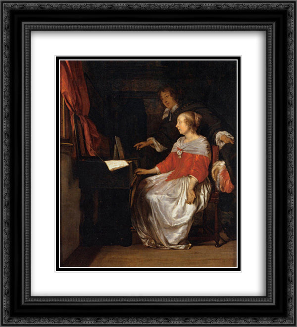 The Virginal Player 20x22 Black Ornate Wood Framed Art Print Poster with Double Matting by Metsu, Gabriel