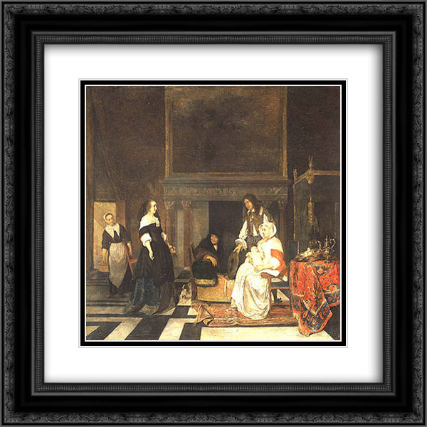 Visit to the Nursery, after the Birth of Sara Hinlopen 20x20 Black Ornate Wood Framed Art Print Poster with Double Matting by Metsu, Gabriel