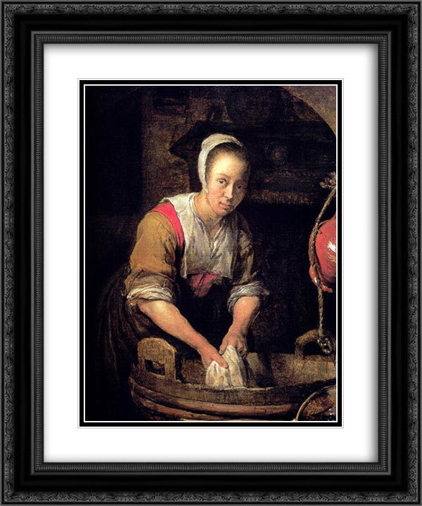 Washerwoman 20x24 Black Ornate Wood Framed Art Print Poster with Double Matting by Metsu, Gabriel