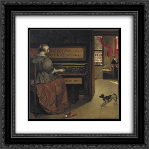 Woman at the Virginals 20x20 Black Ornate Wood Framed Art Print Poster with Double Matting by Metsu, Gabriel