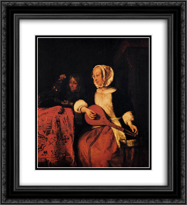 Woman Playing a Mandolin 20x22 Black Ornate Wood Framed Art Print Poster with Double Matting by Metsu, Gabriel