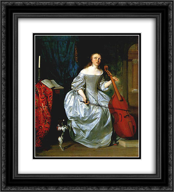Woman Playing a Viola de Gamba 20x22 Black Ornate Wood Framed Art Print Poster with Double Matting by Metsu, Gabriel