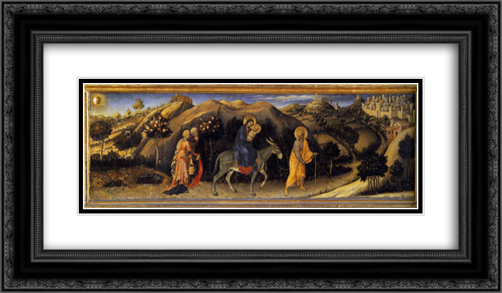 Adoration of the Magi Altarpiece, left hand predella panel depicting Rest during The Flight into Egypt 24x14 Black Ornate Wood Framed Art Print Poster with Double Matting by Gentile da Fabriano