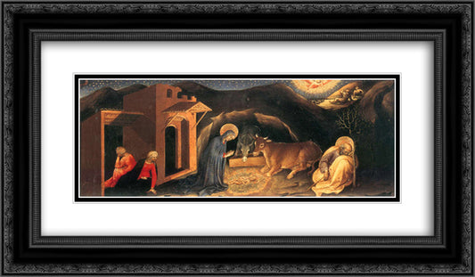 Adoration of the Magi Altarpiece, left hand predella panel depicting the Nativity 24x14 Black Ornate Wood Framed Art Print Poster with Double Matting by Gentile da Fabriano