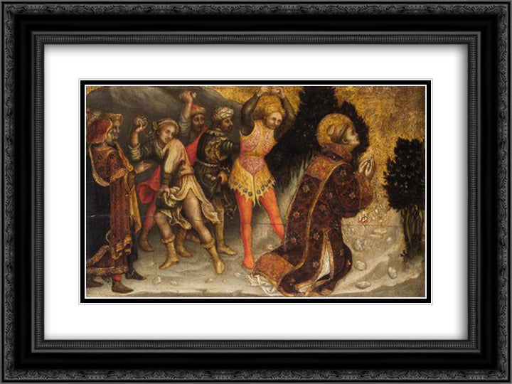 Stoning of St. Stephen 24x18 Black Ornate Wood Framed Art Print Poster with Double Matting by Gentile da Fabriano