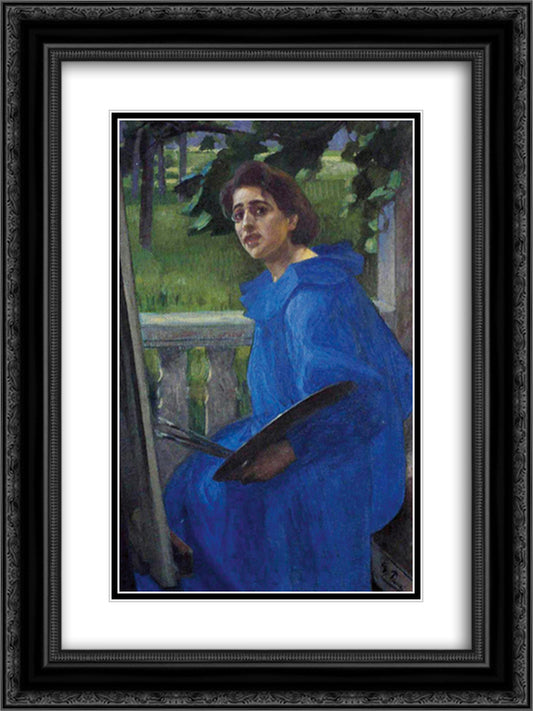 Hanna in a Blue Dress (Portrait of the Artist's Wife) 18x24 Black Ornate Wood Framed Art Print Poster with Double Matting by Pauli, Georg