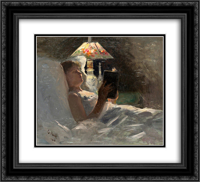 The Reading Light 22x20 Black Ornate Wood Framed Art Print Poster with Double Matting by Pauli, Georg