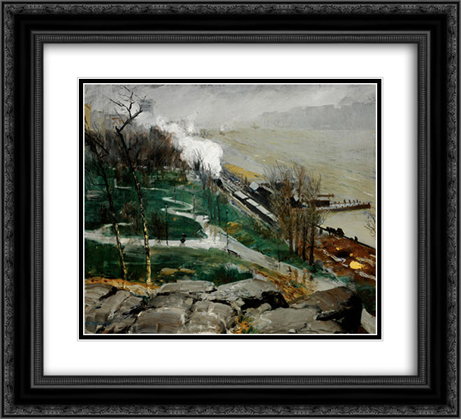 Rain on the River 22x20 Black Ornate Wood Framed Art Print Poster with Double Matting by Bellows, George