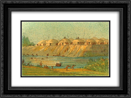 A village of the Hidatsa tribe at Knife River 24x18 Black Ornate Wood Framed Art Print Poster with Double Matting by Catlin, George