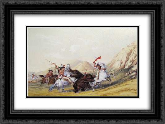 Attacking the Grizzly Bear 24x18 Black Ornate Wood Framed Art Print Poster with Double Matting by Catlin, George