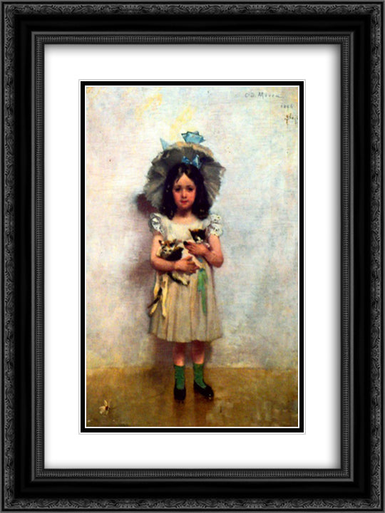 Girl with Cats 18x24 Black Ornate Wood Framed Art Print Poster with Double Matting by Mirea, George Demetrescu