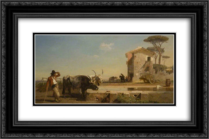 Cattle at a Drinking Place in the Campagna, Rome 24x16 Black Ornate Wood Framed Art Print Poster with Double Matting by Mason, George Hemming