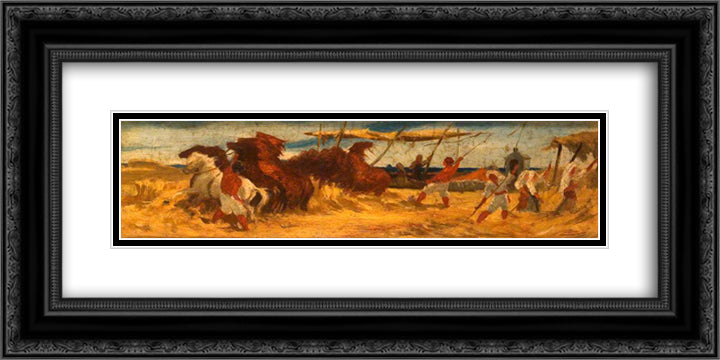 Threshing Corn 24x12 Black Ornate Wood Framed Art Print Poster with Double Matting by Mason, George Hemming