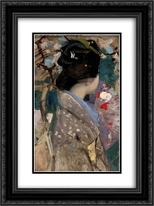 Japanese Lady with a Fan 18x24 Black Ornate Wood Framed Art Print Poster with Double Matting by Henry, George