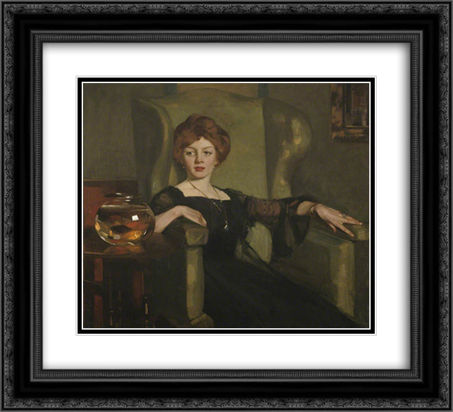 Lady with Goldfish 22x20 Black Ornate Wood Framed Art Print Poster with Double Matting by Henry, George