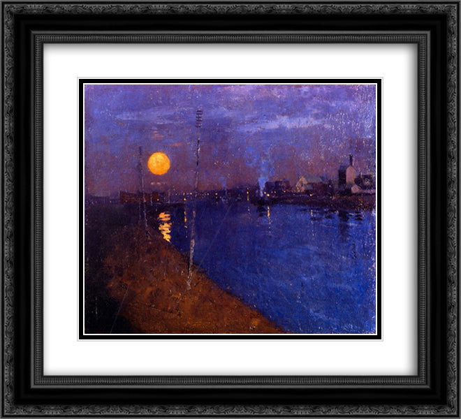 River Landscape by Moonlight 22x20 Black Ornate Wood Framed Art Print Poster with Double Matting by Henry, George