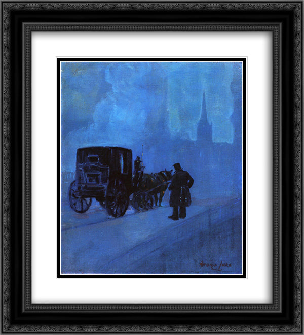 A Foggy Night 20x22 Black Ornate Wood Framed Art Print Poster with Double Matting by Luks, George