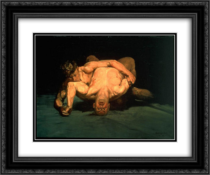 The Wrestlers 24x20 Black Ornate Wood Framed Art Print Poster with Double Matting by Luks, George