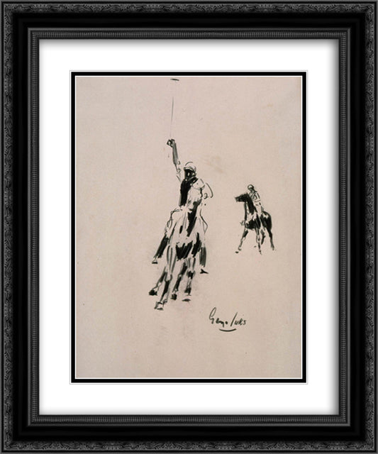 Two Polo Players 20x24 Black Ornate Wood Framed Art Print Poster with Double Matting by Luks, George