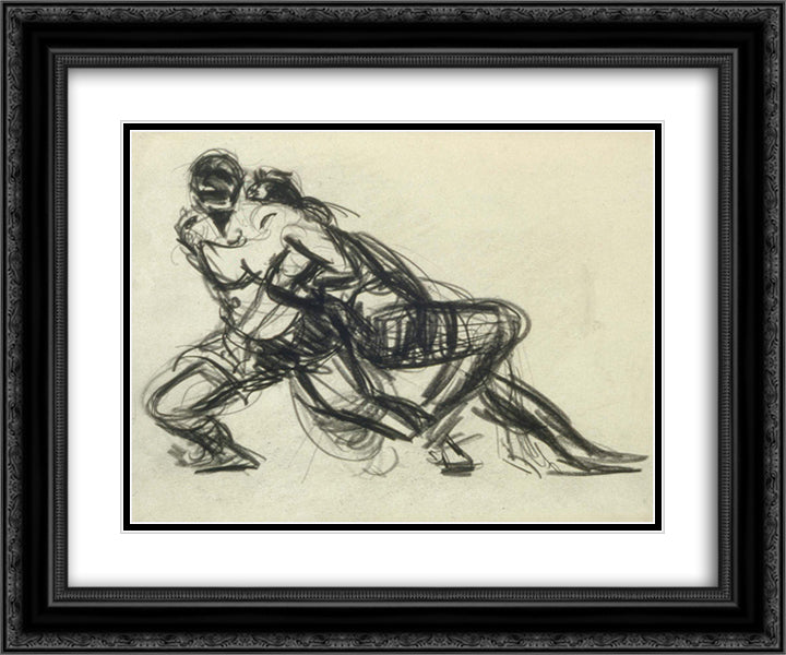 Two Wrestlers 24x20 Black Ornate Wood Framed Art Print Poster with Double Matting by Luks, George