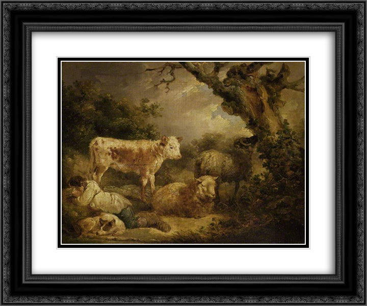 Calf and Sheep 24x20 Black Ornate Wood Framed Art Print Poster with Double Matting by Morland, George