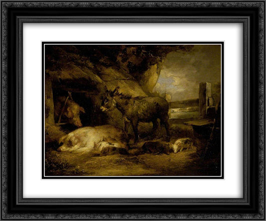 Donkey and Pigs 24x20 Black Ornate Wood Framed Art Print Poster with Double Matting by Morland, George