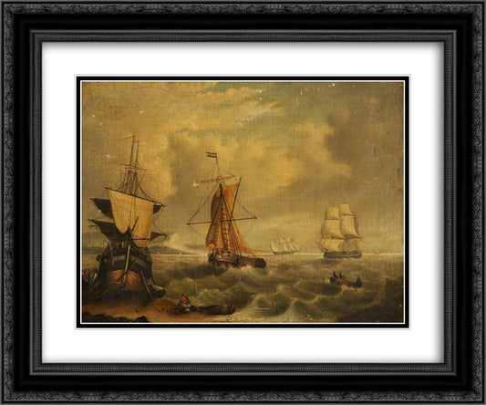 English and French Fishing Boats off Yarmouth 24x20 Black Ornate Wood Framed Art Print Poster with Double Matting by Morland, George