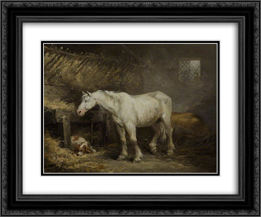 Horse and Dog in a Stable 24x20 Black Ornate Wood Framed Art Print Poster with Double Matting by Morland, George