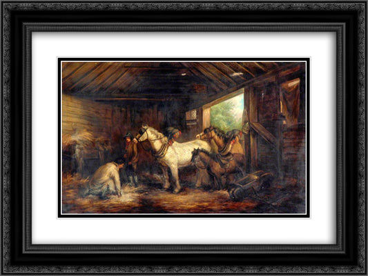 Interior of a Stable 24x18 Black Ornate Wood Framed Art Print Poster with Double Matting by Morland, George