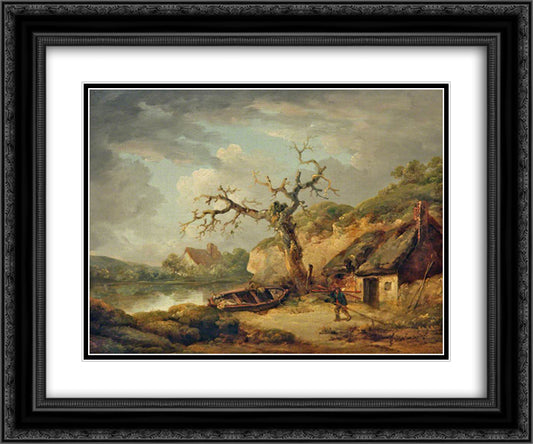 Lake Scene and a Cottage 24x20 Black Ornate Wood Framed Art Print Poster with Double Matting by Morland, George