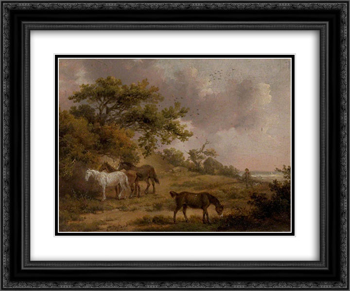 Landscape with Four Horses 24x20 Black Ornate Wood Framed Art Print Poster with Double Matting by Morland, George