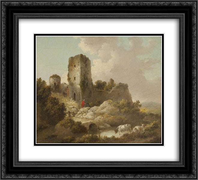 Landscape with Ruined Castle 22x20 Black Ornate Wood Framed Art Print Poster with Double Matting by Morland, George