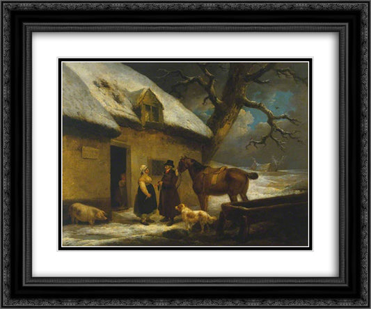 Outside an Inn, Winter 24x20 Black Ornate Wood Framed Art Print Poster with Double Matting by Morland, George