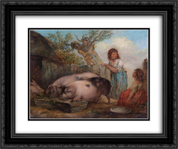 Pigs in a Farmyard 24x20 Black Ornate Wood Framed Art Print Poster with Double Matting by Morland, George