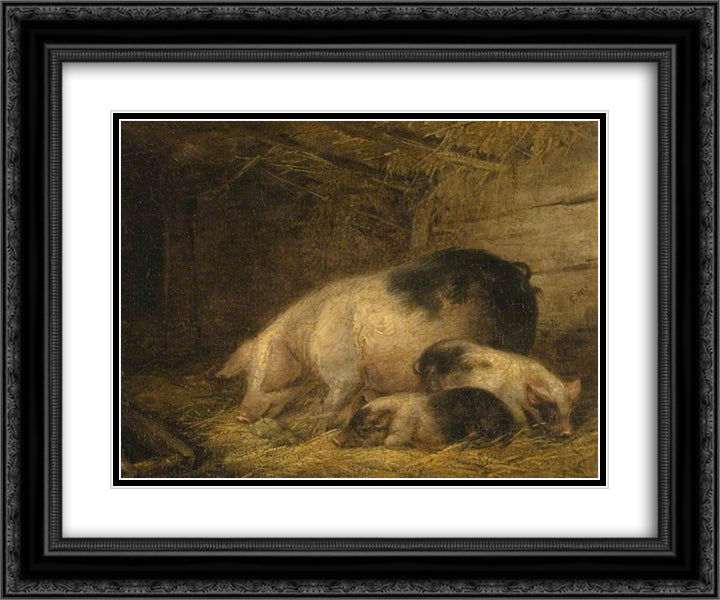 Sow and Piglets in a Sty 24x20 Black Ornate Wood Framed Art Print Poster with Double Matting by Morland, George