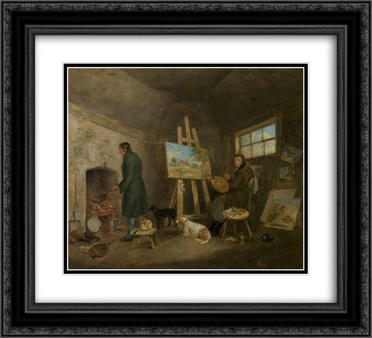 The Artist in His Studio and His Man Gibbs 22x20 Black Ornate Wood Framed Art Print Poster with Double Matting by Morland, George