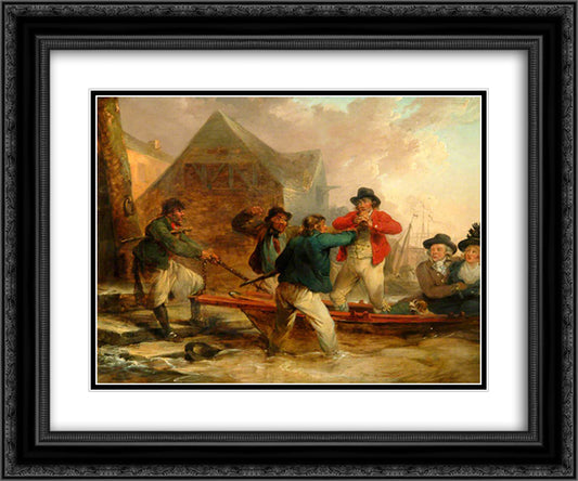 The Press-Gang 24x20 Black Ornate Wood Framed Art Print Poster with Double Matting by Morland, George