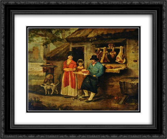 The Village Butcher 24x20 Black Ornate Wood Framed Art Print Poster with Double Matting by Morland, George